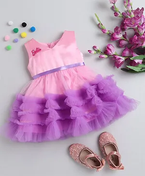 Barbie by Many Frocks & Sleeveless Frilled Gathered Party Dress - Pink Purple