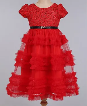 Barbie by Many Frocks & Half Sleeves Sequin Embellished Ruffled Party Gown - Red