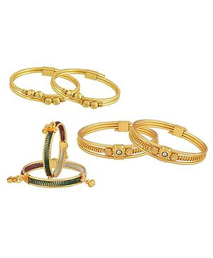 Akinos Kids Set Of 3 Brass Alloy Hand Crafted Multi Layered Spiral Nazariya Bangles  - Gold