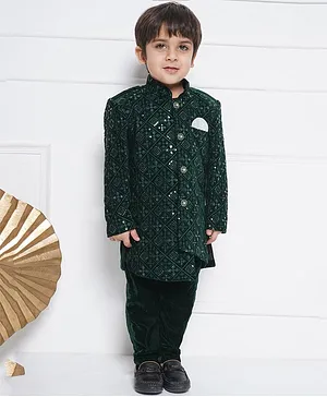 AJ Dezines Full Sleeves  Abstract Motif Sequins Embroidery Indo Western Sherwani With Pant Set - Green