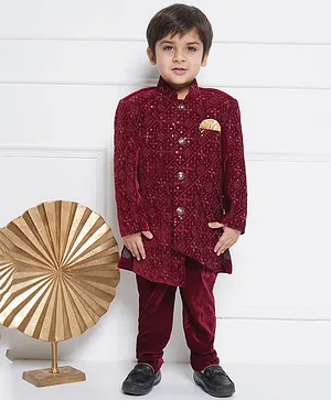 AJ Dezines Full Sleeves  Abstract Motif Sequins Embroidery Indo Western Sherwani With Pant Set - Maroon