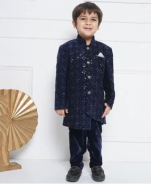 AJ Dezines Full Sleeves  Abstract Motif Sequins Embroidery Indo Western Sherwani With Pant Set - Navy Blue