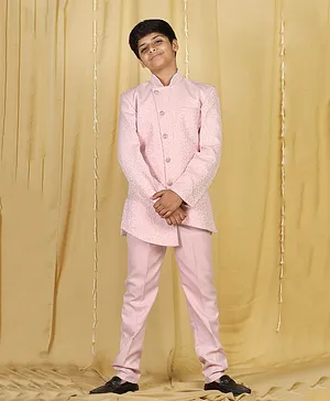 AJ Dezines Full Sleeves  Abstract Floral Printed Cross Cut Indo Western Sherwani With Pants Set - Pink