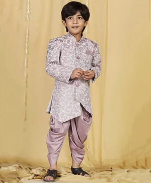 AJ Dezines Full Sleeves Jacquard Indo Western Sherwani & Dhoti Set - Purple
