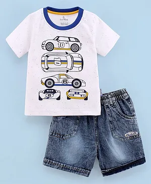 Child World 100% Cotton Half Sleeves Car Printed T-Shirt & Shorts - White & Blue