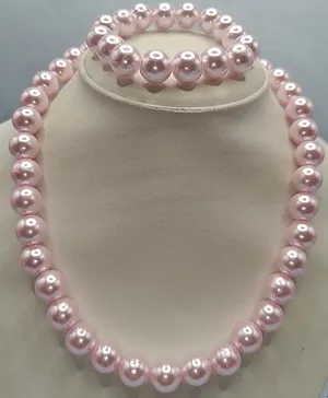 Little Blossom Glossy Finish Pearl Necklace Bracelet Set - Baby Pink