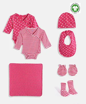 Candy Cot Pack Of 7 Organic Cotton Full Sleeves Heart Printed & Striped Onesie Clothing Set In A Bag - Pink