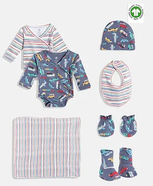 Candy Cot Pack Of 7 Organic Cotton Full Sleeves Car Printed & Striped Onesie Clothing Set - Blue