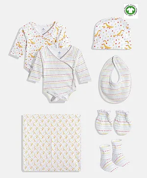 Candy Cot Pack Of 7 Organic Cotton Full Sleeves Seamless Heart & Duck Printed Onesie Unisex Clothing Set In A Bag - Off White