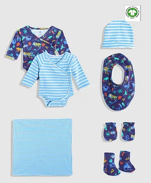 Candy Cot Pack Of 7 Organic Cotton Full Sleeves Animals & Leaf Printed With Onesie Clothing Set - Blue