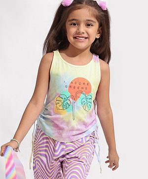 Pine Kids 100% Cotton Knit Sleeveless Bio Washed T-Shirt Tie-Dye & Leaves Print - Snow White