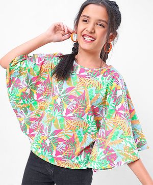 Pine Kids 100% Cotton Half Sleeves Kaftan Style Top Leaves Print - Multicolour