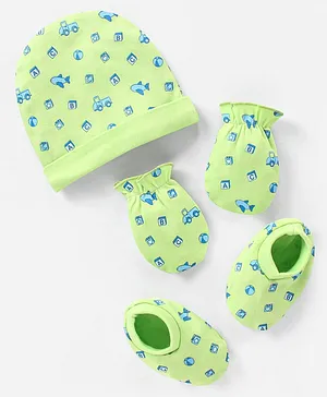 Babyhug 100% Cotton Cap Mittens And Booties Set Airplane Pattern Green - Diameter 12.5 cm