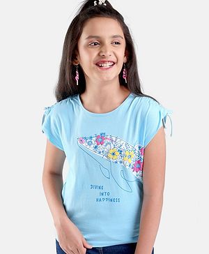 Pine Kids 100% Cotton Biowashed Short Sleeves T-Shirt Floral Dolphin Print- Blue