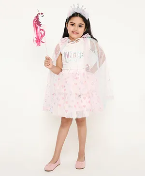 Aye Candy Princess Birthday Dressup Cape Crown Hair Band And Unicorn Wand Set - Pink Blue White