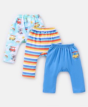 Babyhug Cotton Knit Full Length Diaper Leggings Striped Pack of 3 - Blue