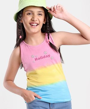 Pine Kids 100% Cotton Knit Sleeveless Bio-Washed T-Shirt Tie-Die & Text Print - Pink Yellow & Blue