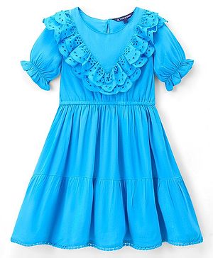 Pine Kids 100% Cotton Knit Puffed Sleeves Wrinkled Dress with Schiffli Lace Detailing - Blue