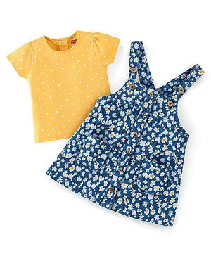 Babyhug Cotton Jersey Knit Frock with Half Sleeves Tee Floral & Polka Dots Print - Blue & Yellow