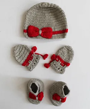 Woonie Crochet Bow Detailed Cap With Coordinating Mitten & Booties - Grey & Red
