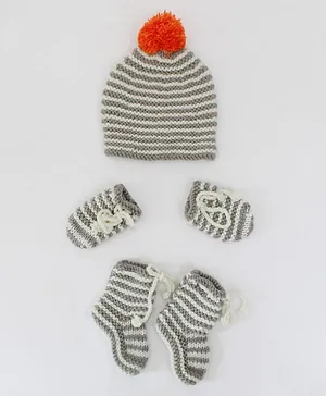 Woonie Knitted Striped Designed Beanie With Coordinating Mittens & Socks - Grey
