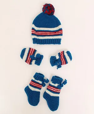 Woonie Knitted Self Design Beanie Cap With Pair Of Mittens And Socks - Blue
