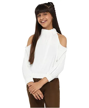 Spunkies Cold Shoulder Full Sleeves Solid Top - White