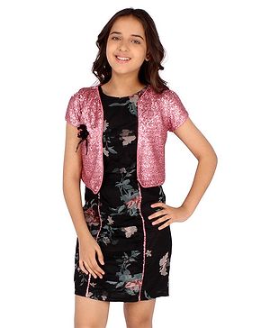 Cutecumber Half Sleeves Sequins Embellished Shrug With Net Floral Printed Dress-Black