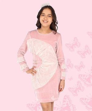 Cutecumber Frill Detailed Full Sleeves Chenille & Organza Applique Embellished Winter Shift Dress - Pink