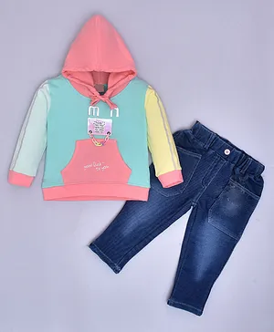 KETIMINI Full Sleeves Colour Block Hooded Sweatshirt With Solid Denim Pant - Pink
