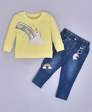 KETIMINI Full Sleeves Unicorn Patched & Sequin Embellished Rainbow Sweatshirt With Denim Pant - Yellow