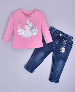 KETIMINI Full Sleeves Sprinkle Some More Love With Sequin Embellished Unicorn Sweatshirt With Denim Pant - Pink