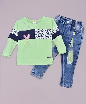 KETIMINI Full Sleeves Heart printed & Applique Embellished Top With Distressed Jeans - Green
