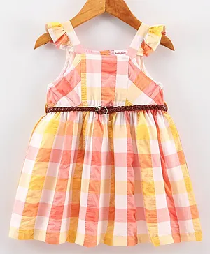 Babyhug Seer Sucker Sleeveless Checked Frock With Belt- Rust & Yellow