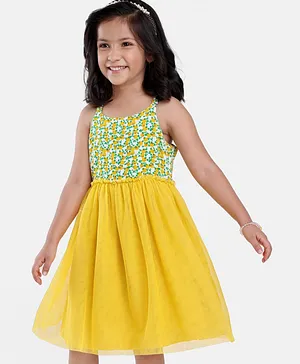 Babyhug 100% Cotton Woven Sleeveless Frock With Floral Print - Green & Yellow
