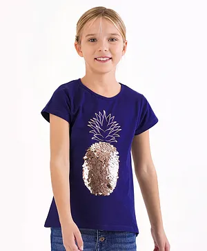 Primo Gino Cotton Elastane Half Sleeves Pineapple Print T-Shirt In Foil And Sequins - Navy