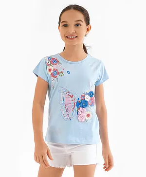 Primo Gino Girls Cotton Elastane Half Sleeves Butterfly print T-shirt with Diamonte-Light Blue