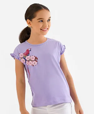 Primo Gino Cotton Elastane Short Sleeves Digital Print T-Shirt With 3D Flowers And Sequins- Purple