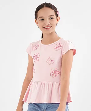 Primo Gino Cotton Elastane Cap Sleeves Peplum Top With Embellished Crochet Butterfly- Pink