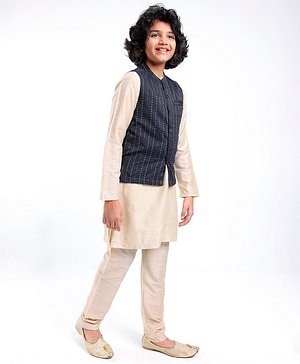 Pine Kids Full Sleeves Kurta Pyjama Set with Bandi Woven Stripes Design - Off White