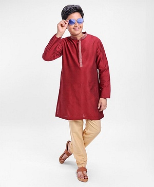Pine Kids Full Sleeves Pintuck Kurta Pyjama Set Striped Design - Red