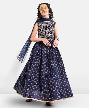 Pine Kids Viscose Sleeveless Sequin Embellished Choli & Lehenga Set with Dupatta Zari Design - Blue