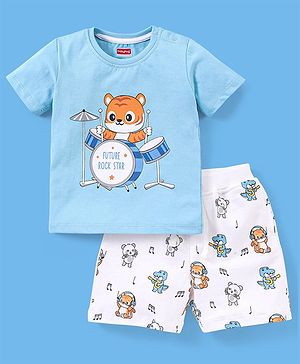 Babyhug Cotton Half Sleeves T-Shirt and Knee Length Shorts Tiger Print - Light Blue & White