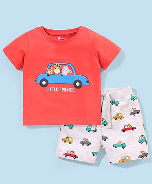 Babyhug Terry Cotton Half Sleeves T-shirt and Shorts Car Print - Red & White