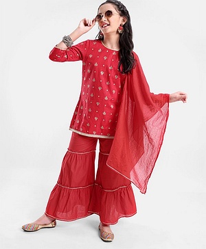 Pine Kids Three Fourth Sleeves Flower Print Layered Kurti & Churidar Salwar Set - Red