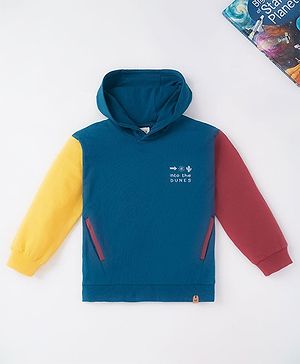 Ed-a-Mamma Sustainable Cotton Full Sleeves Hooded Sweatshirt Color Blocks & Text Print - Blue