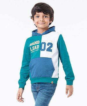 Ed-a-Mamma Sustainable Cotton Full Sleeves Hooded Sweatshirt with Applique Text & Color Blocks Print - Green