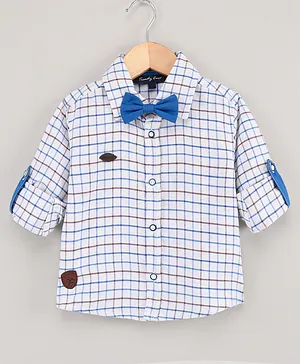 Trendy Cart Full Sleeves Graph Checked Shirt With Bow - Blue & Cream