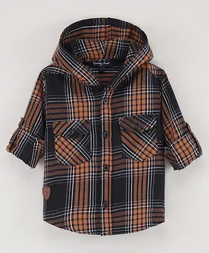 Trendy Cart Full Sleeves Shepherd Checked Hooded Shirt - Brown
