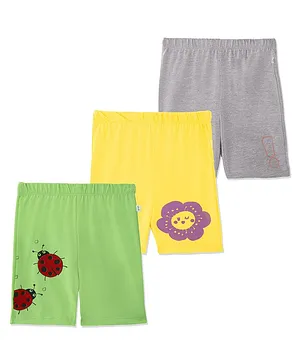 Plan B Pack Of 3 95% Cotton 5% Elastane Bugs And Flower Printed Cycling Shorts - Yellow Grey Green